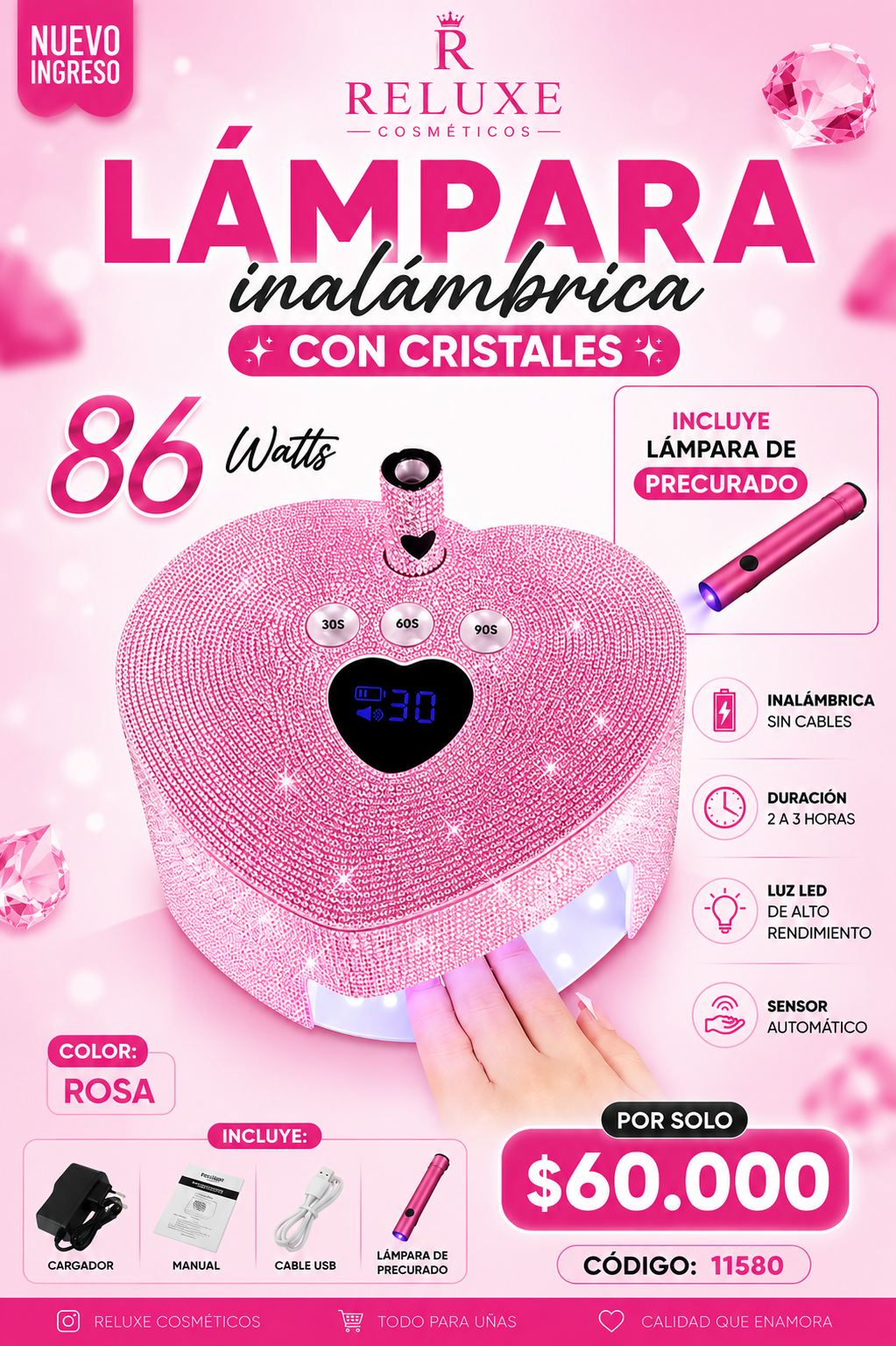 Lámpara Inalámbrica Cristales Rosa 86w