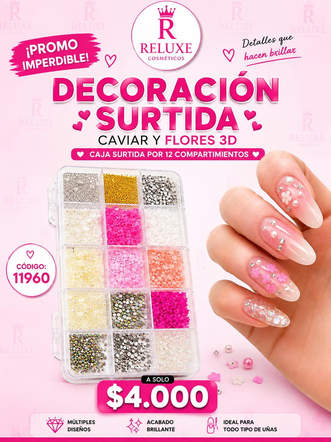 Caja Decoración Surtida x 12 Caviar y Flores 3D