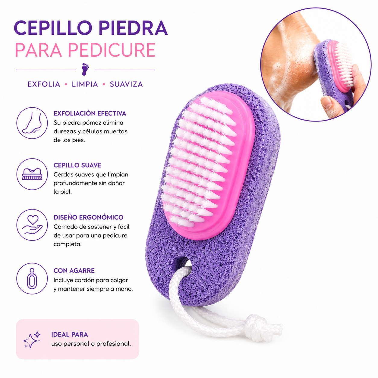 Piedra Pómez Morada Con Escobilla Rosado