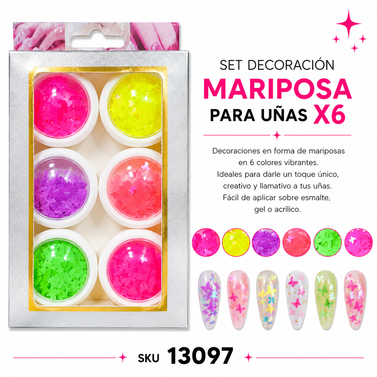 SET DECORACION MARIPOSA PARA UÑAS X6